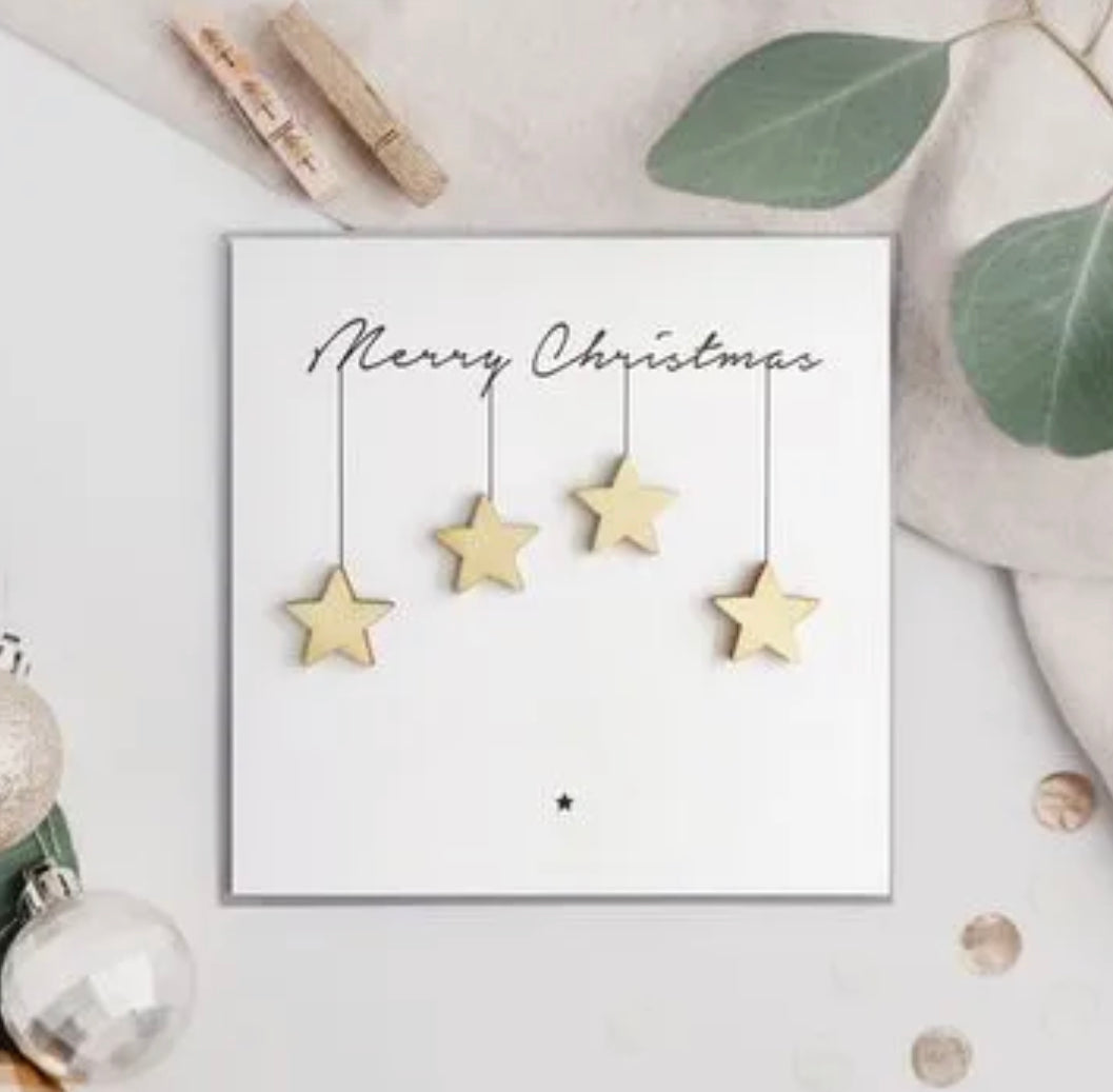 Merry Christmas Wooden Hanging Stars Greeting Card