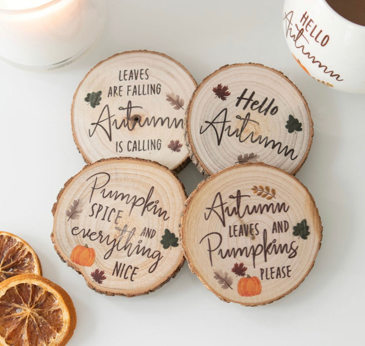 Hello Autumn Wood Slice Coaster Set