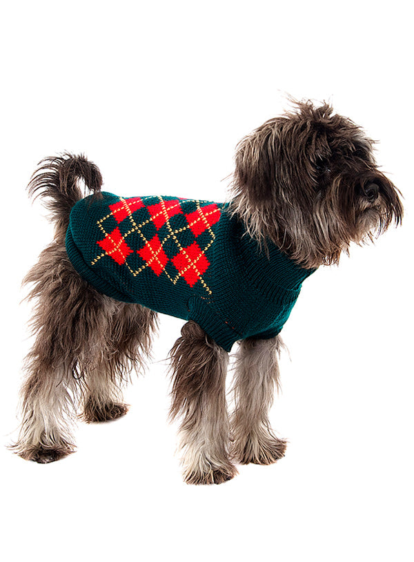Green & Red Argyle Dog Jumper