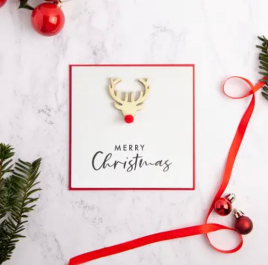 Christmas Reindeer Pom Pom Nose Greeting Card