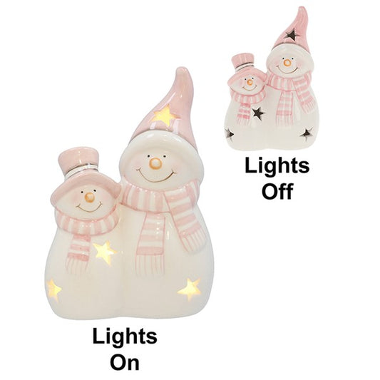 Pastel Pink LED Snowman pair